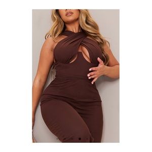 Shape Chocolate Brown Mesh Wrap Neck Tie Detail Wide Leg Jumpsuit